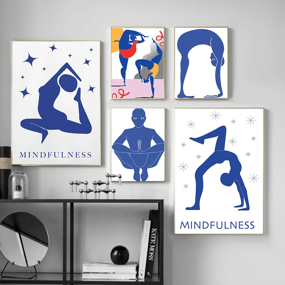 Home Gym Yoga - โปสเตอร์ภาพวาดนามธรรมท่าโยคะสำหรับออกกำลังกายที่บ้าน ศิลปะติดผนังแบบมินิมอล ภาพวาดบนผ้าใบสำหรับตกแต่งห้องนั่งเล่นสไตล์โมเดิร์น นอร์ดิก